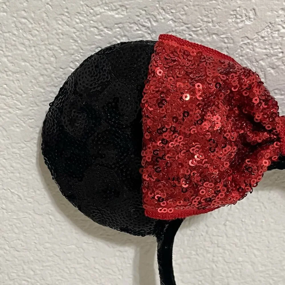 Disney Parks Minnie Mouse Ears Red Bow Black Sequin Headband